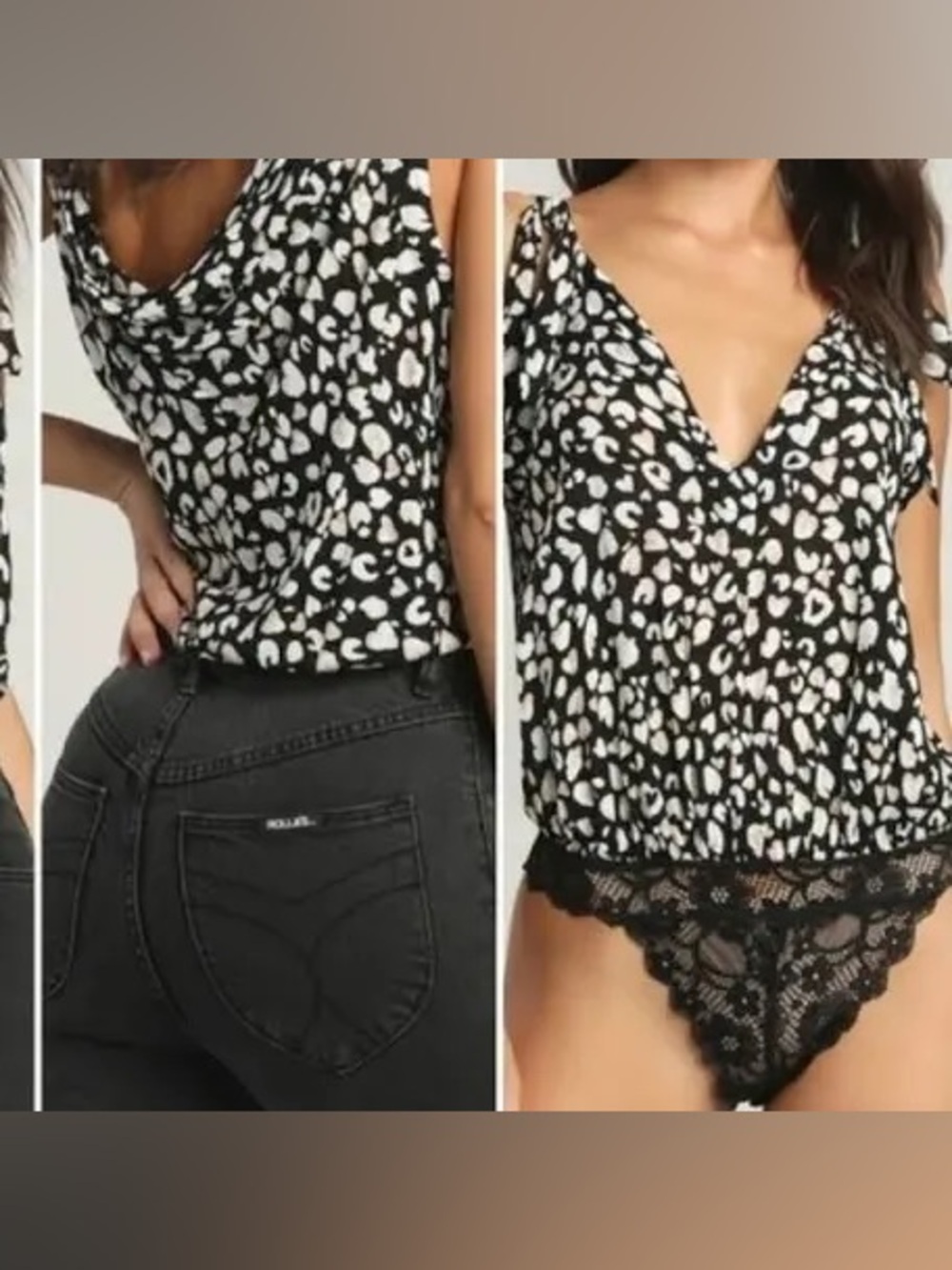 Free People Drapey Bodysuit - Black and Cream print with lace